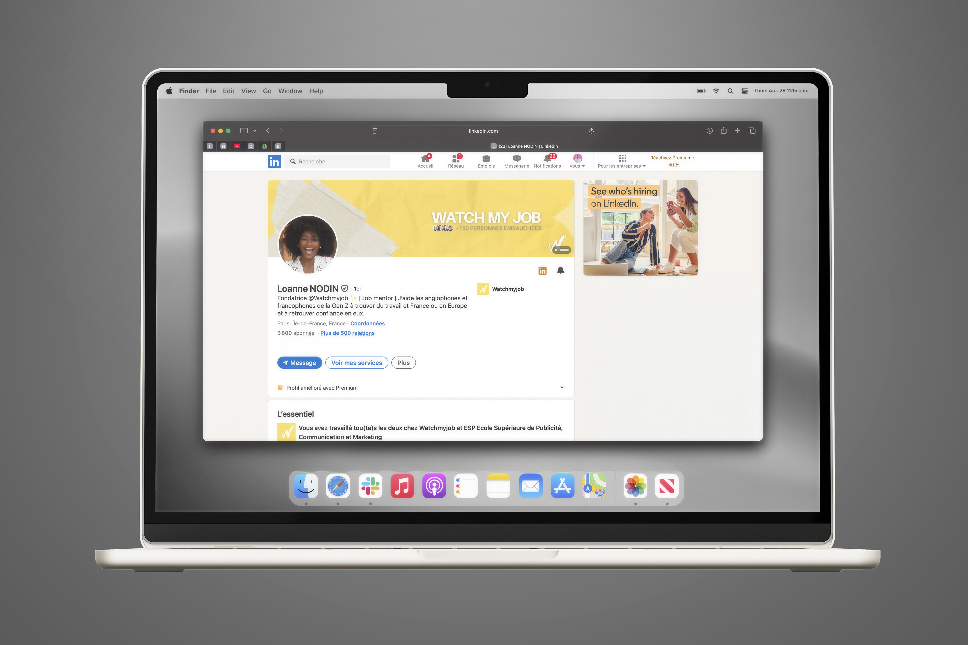 Bannière LinkedIn Watch My Job sur Mac